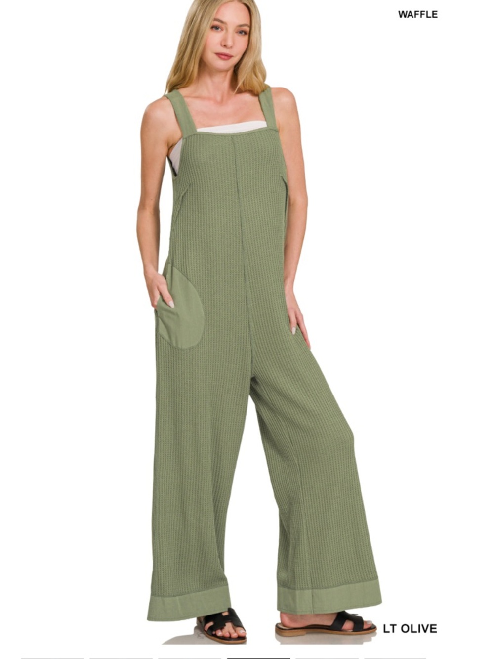 💚 NWT Zenana Waffle Knit Wide Leg Jumpsuit – Light Olive | Size Medium